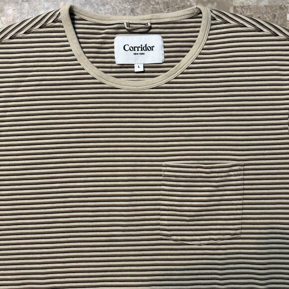 Corridor New York Shirt Mens Large Striped Tee Natural Pocket Crew Cotton - Picture 1 of 9